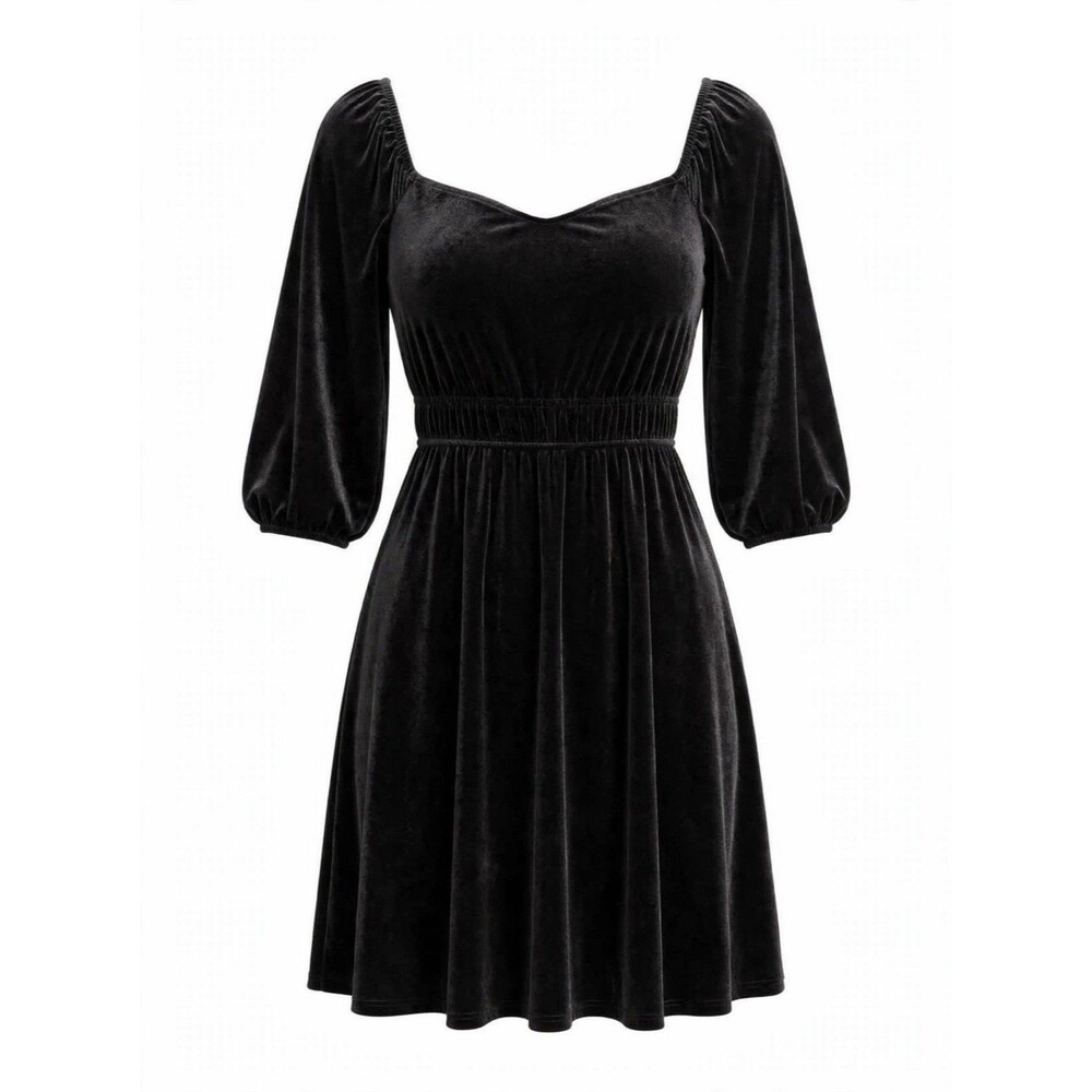 Celebrity Pink L Black Velvet Dress Short Babydoll Puff Sleeve Holiday Party